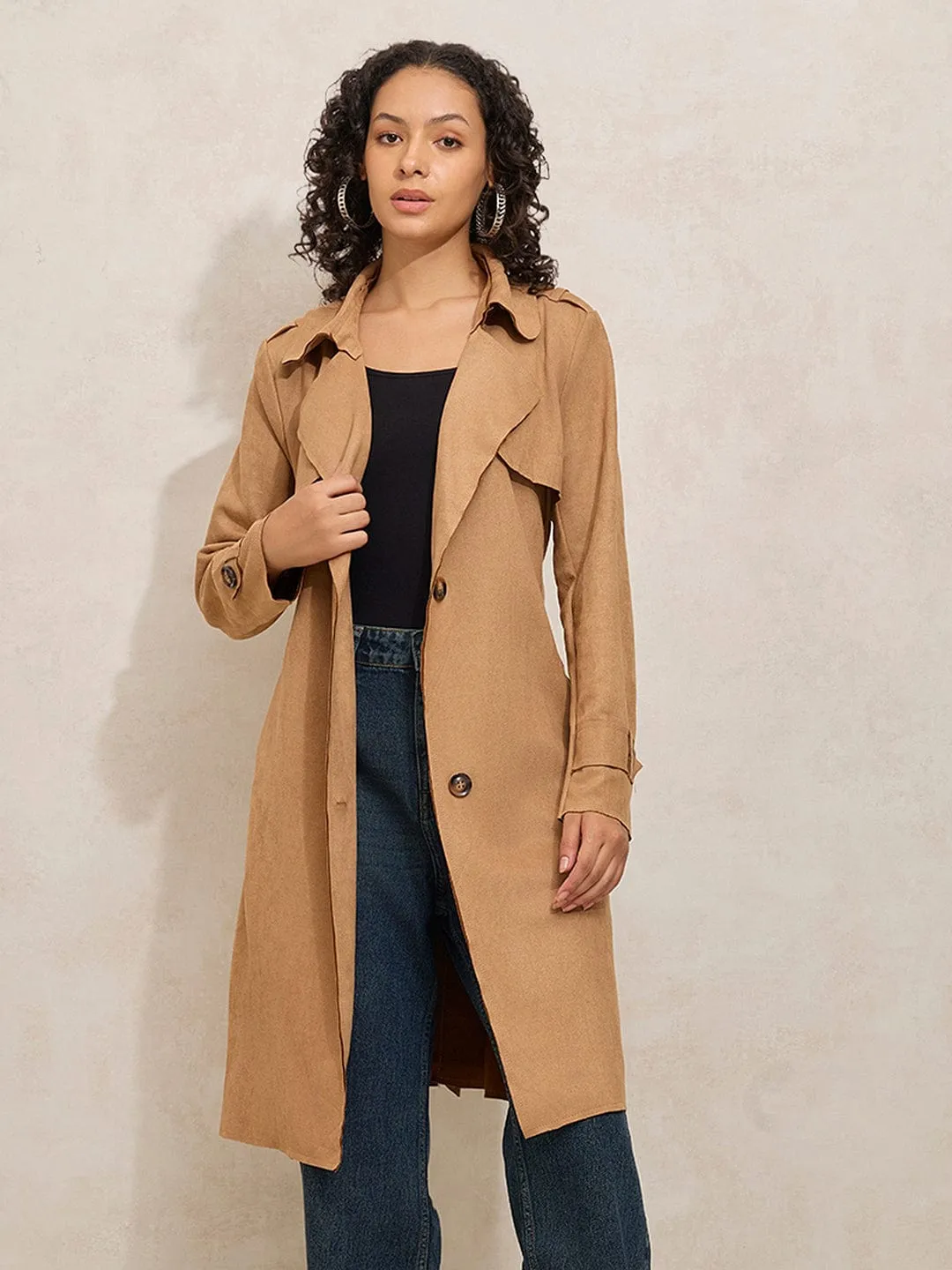 Women's Brown Trench Coat with Shoulder Flaps and Belt QuickDryFinish