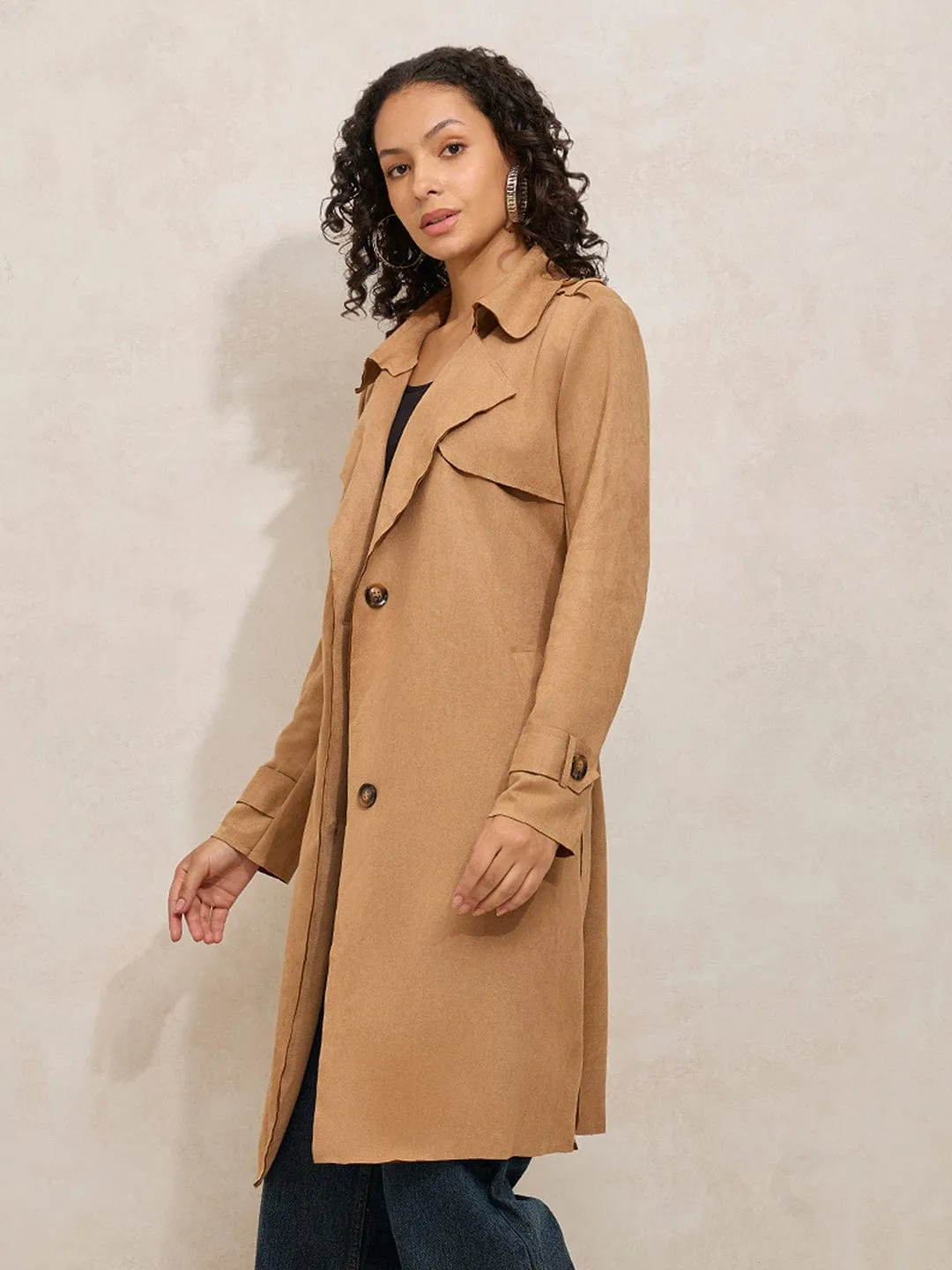 Women's Brown Trench Coat with Shoulder Flaps and Belt Eco Certified Textiles Water Resistant Fabric