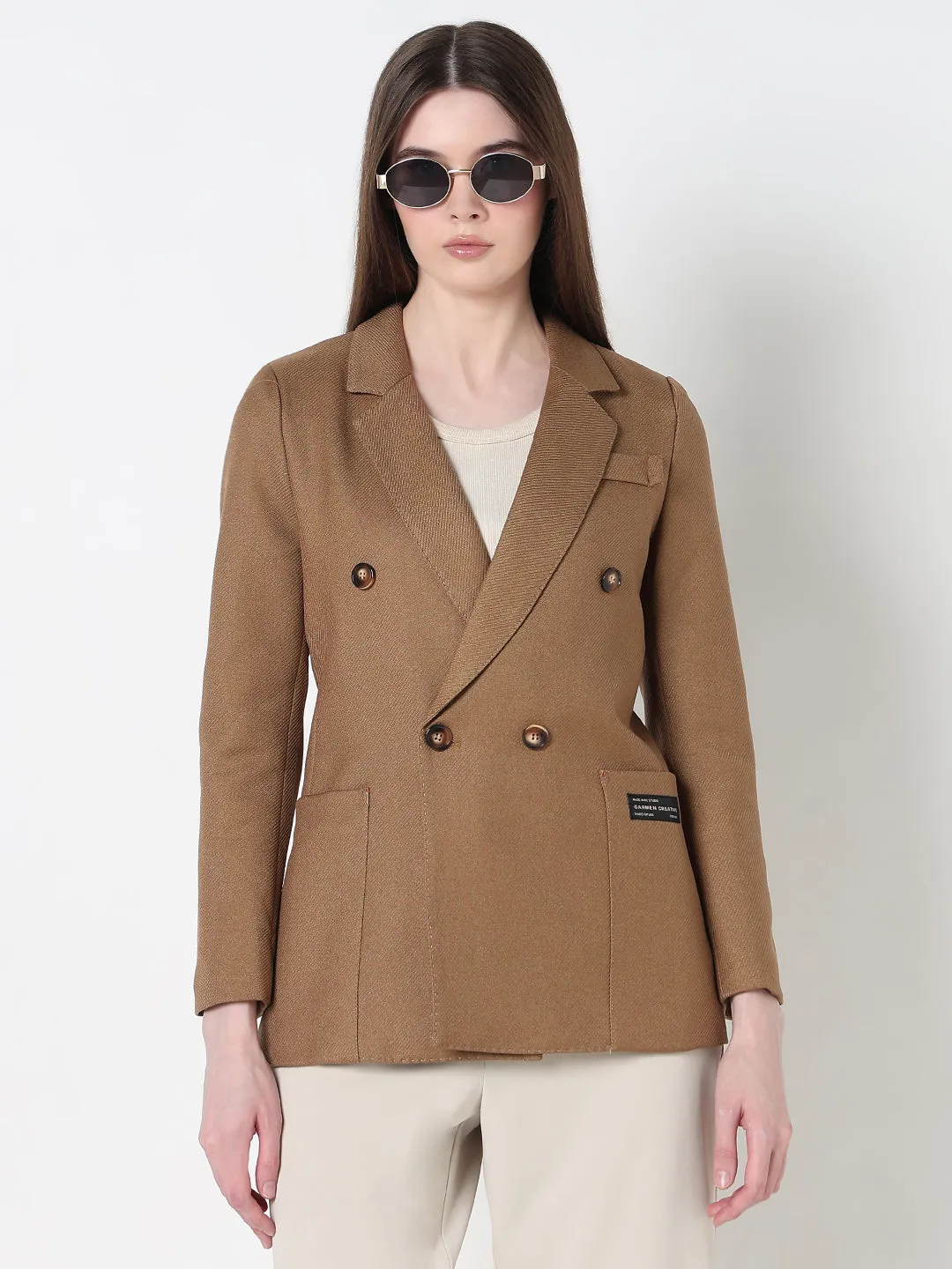 Waterproof Design Clean Street Look Women's Camel Tailored Double Breasted Textured Blazer