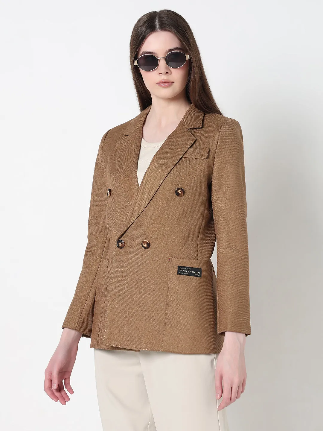Snow Day Women's Camel Tailored Double Breasted Textured Blazer