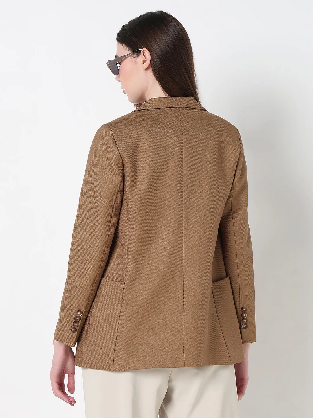 Double Layered Hood Flexible Insulation Women's Camel Tailored Double Breasted Textured Blazer
