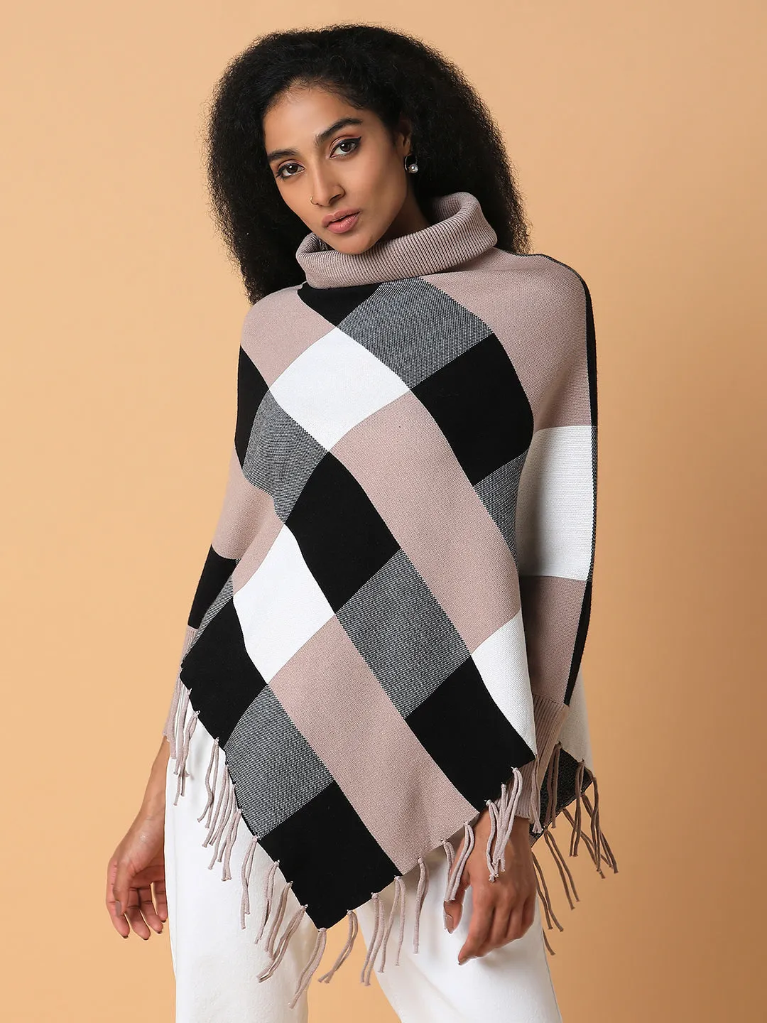 Ultra Soft Eco Friendly Dye Women's Checked Beige Longline Poncho