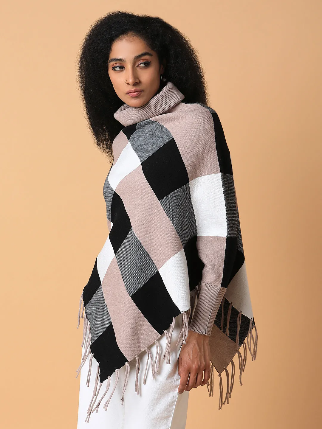 Layering Piece Women's Checked Beige Longline Poncho