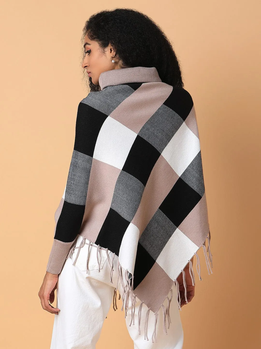 Women's Checked Beige Longline Poncho Neutral Fit Airflow channels