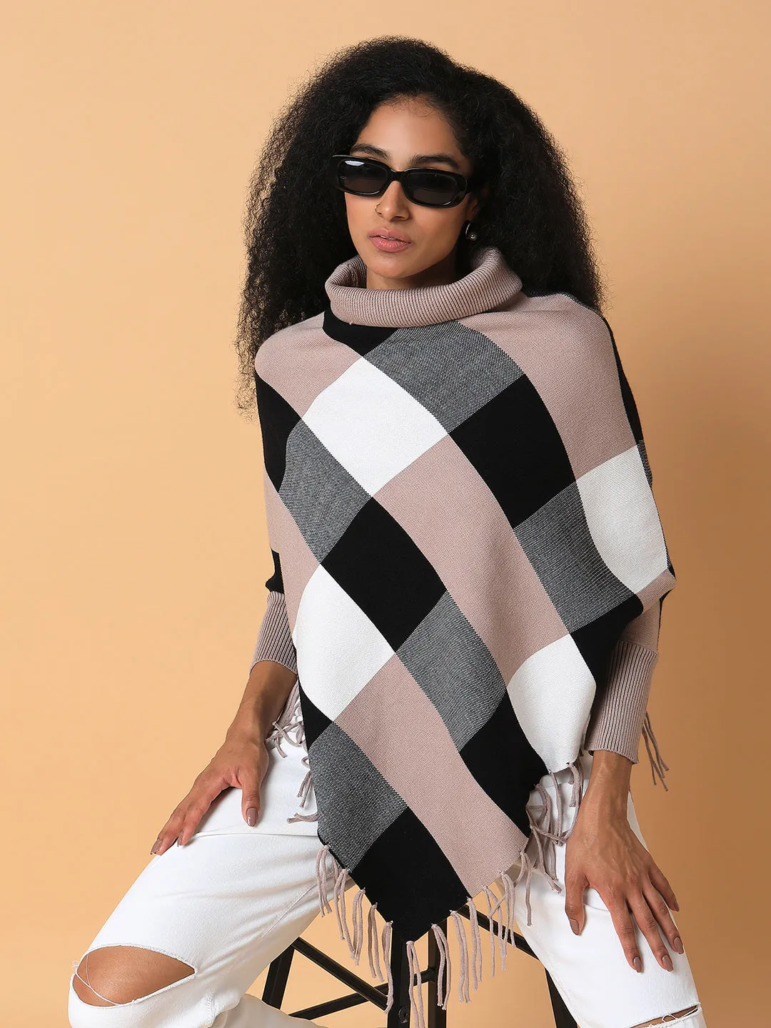 Women's Checked Beige Longline Poncho Circular Knit Technique