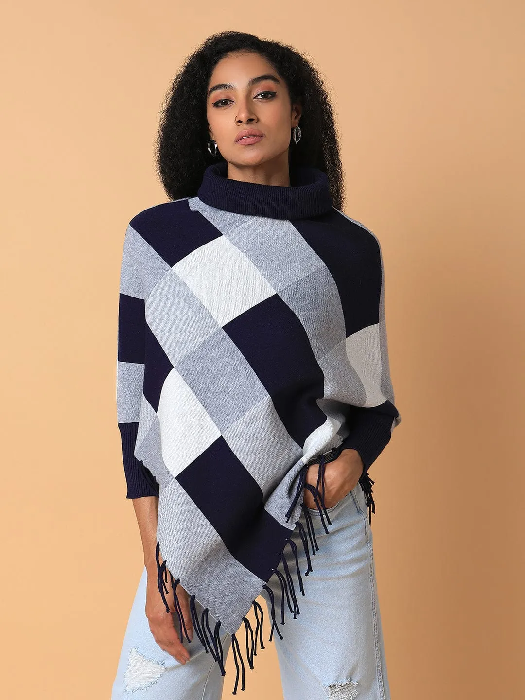 Cold Warmth Thermal regulation Women's Checked Navy Blue Longline Poncho