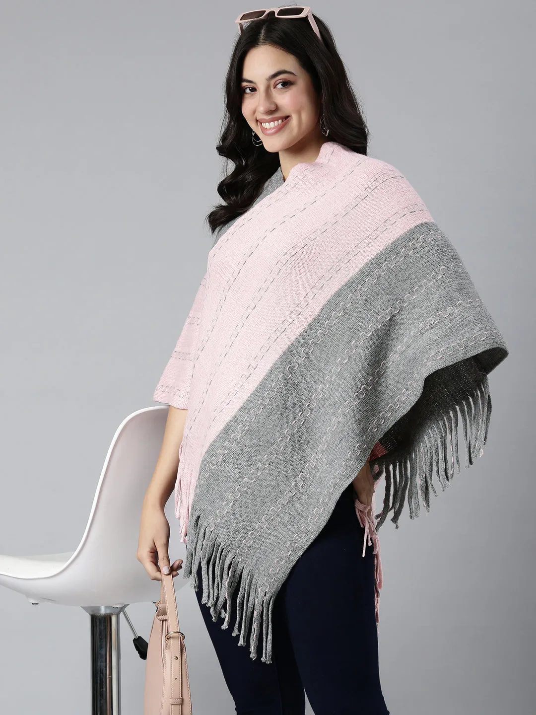 Sleek Wear Women's Colourblocked Pink Poncho