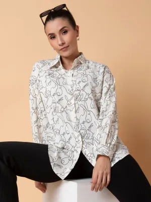 Women's Cream Relaxed Boxy Floral Opaque Printed Casual Shirt All Purpose Wear Soft Cotton Feel