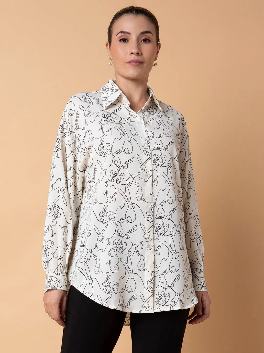 Women's Cream Relaxed Boxy Floral Opaque Printed Casual Shirt Luxury exclusivity