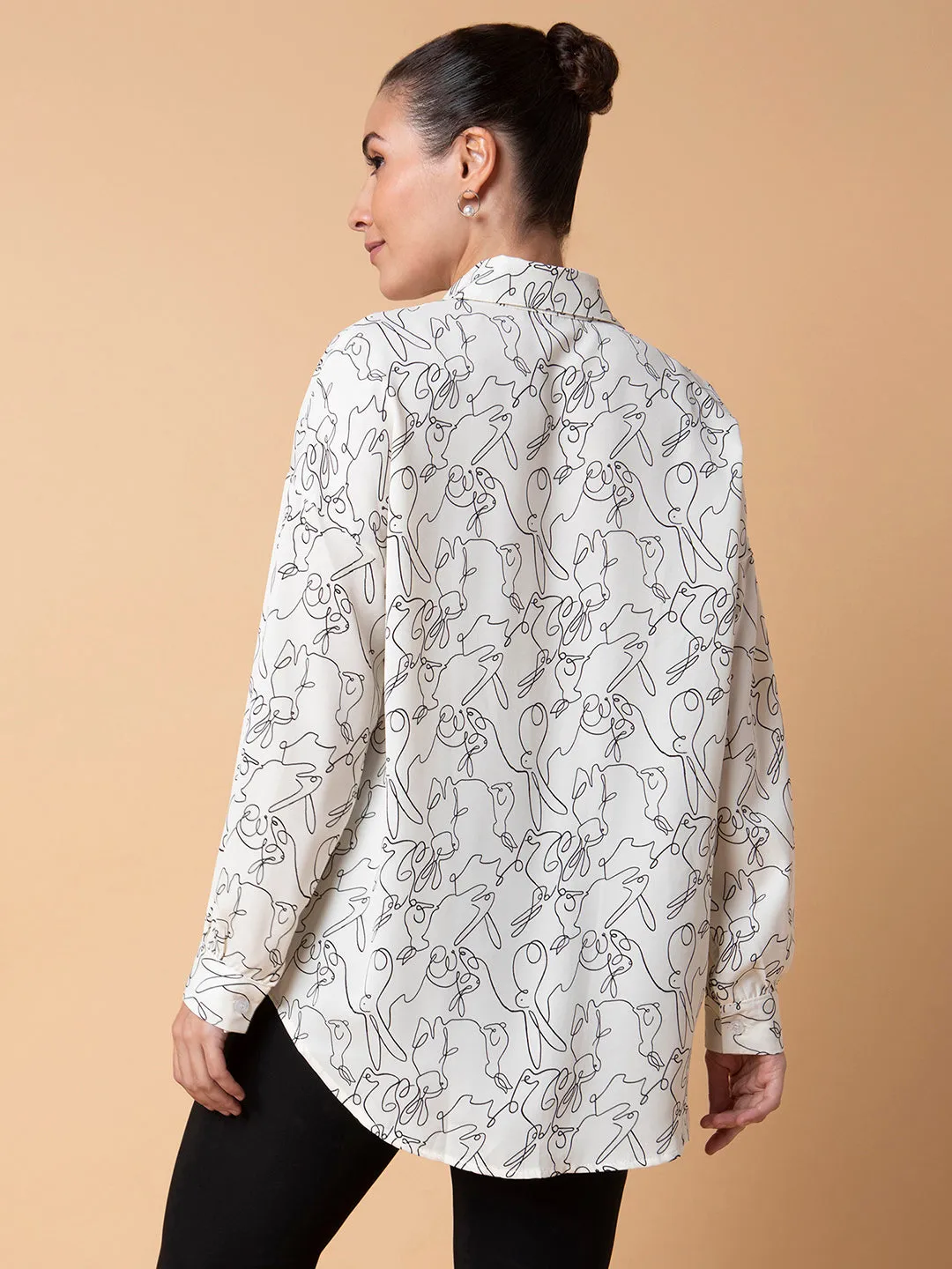 Women's Cream Relaxed Boxy Floral Opaque Printed Casual Shirt Versatile Layer