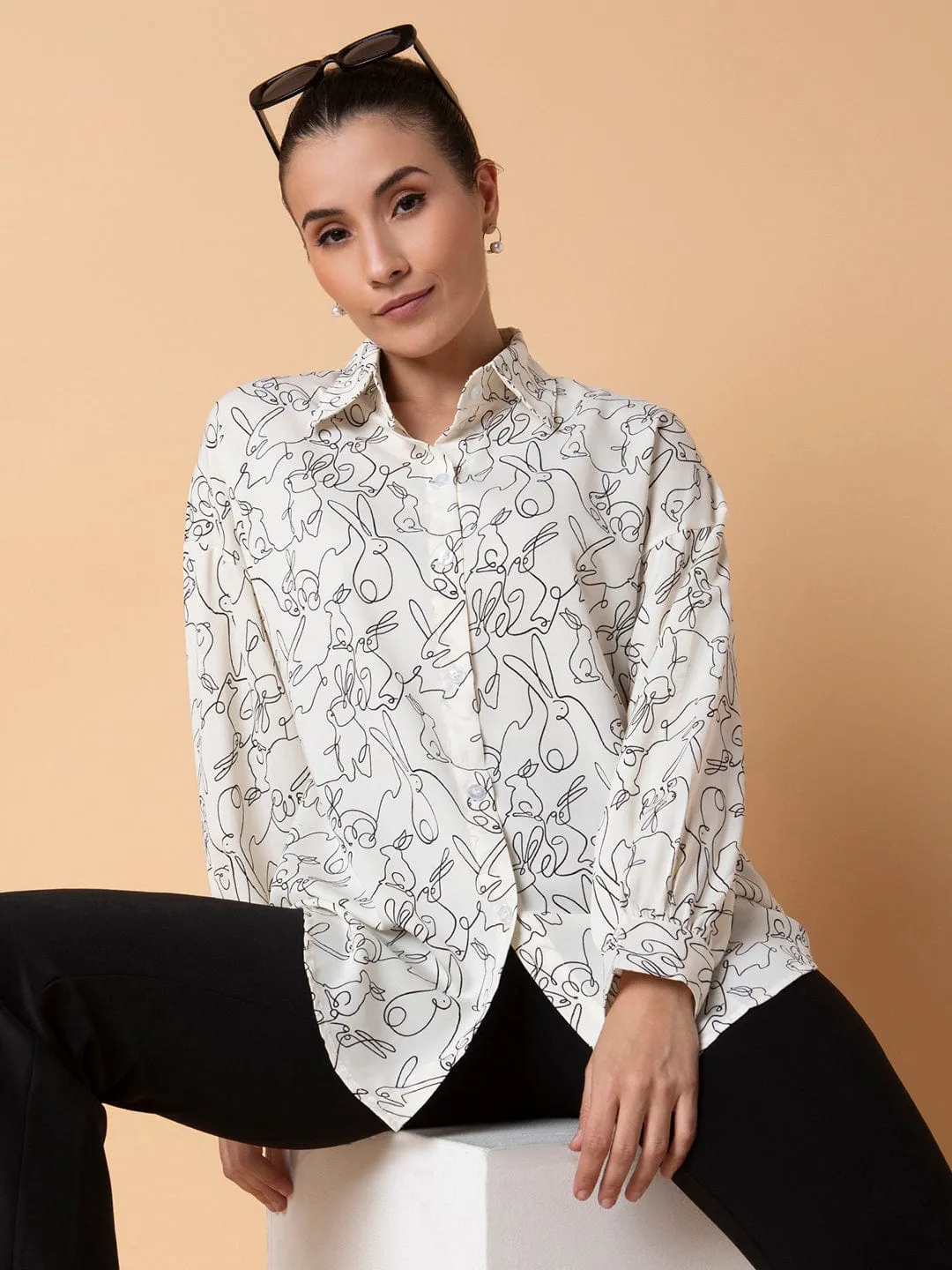 Women's Cream Relaxed Boxy Floral Opaque Printed Casual Shirt All Purpose Wear Soft Cotton Feel