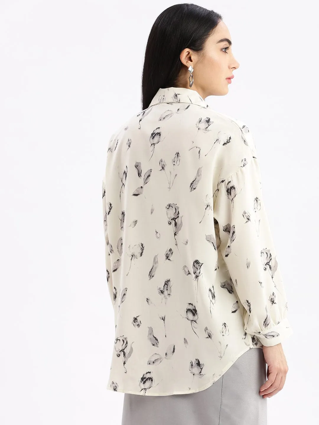 Subtle Embroidery mix and match Women's Cream Relaxed Boxy Opaque Printed Casual Shirt
