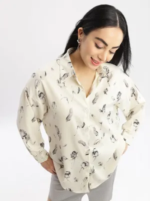 Women's Cream Relaxed Boxy Opaque Printed Casual Shirt waterproof