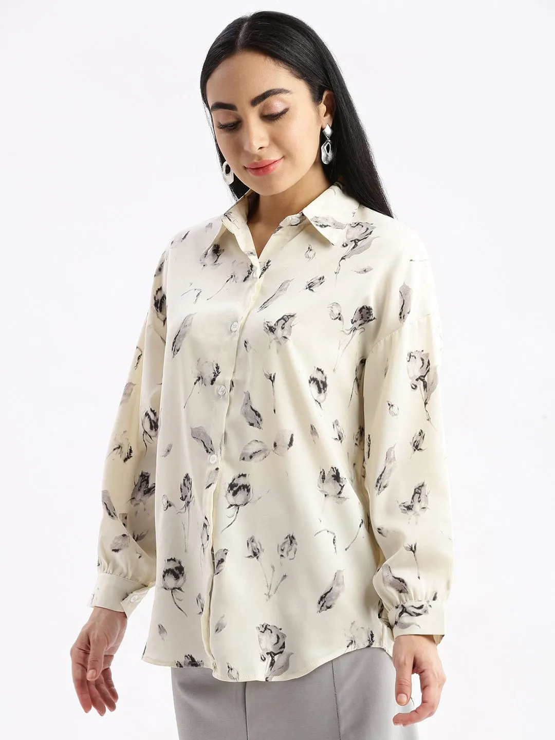 Women's Cream Relaxed Boxy Opaque Printed Casual Shirt Sleek Performance NonIrritating Fabric