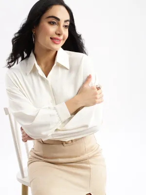 Women's Cream Relaxed Solid Drop Shoulder Wrinkle Free Oversized Shirt Moisture Wicking Technology