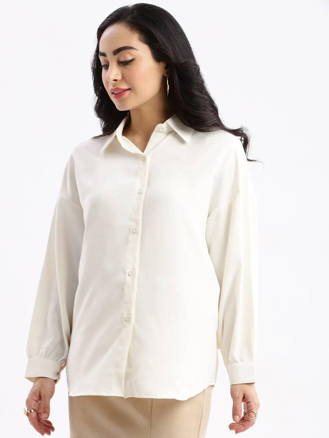 Women's Cream Relaxed Solid Drop Shoulder Wrinkle Free Oversized Shirt Garment Washed Texture Outdoor Comfort Style