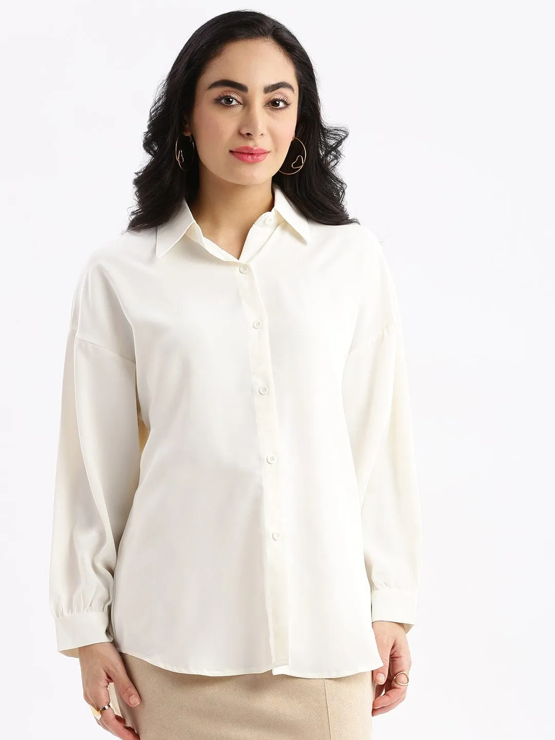 Taped Neckline Summer Ready Women's Cream Relaxed Solid Drop Shoulder Wrinkle Free Oversized Shirt