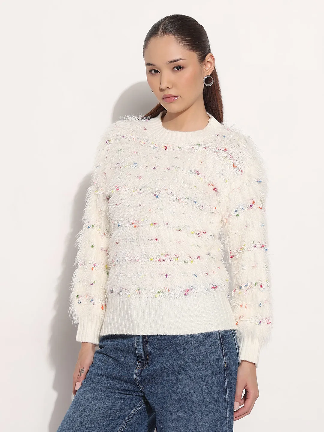 Neutral Style Women's Cream Round Neck Knitted Fuzzy Top