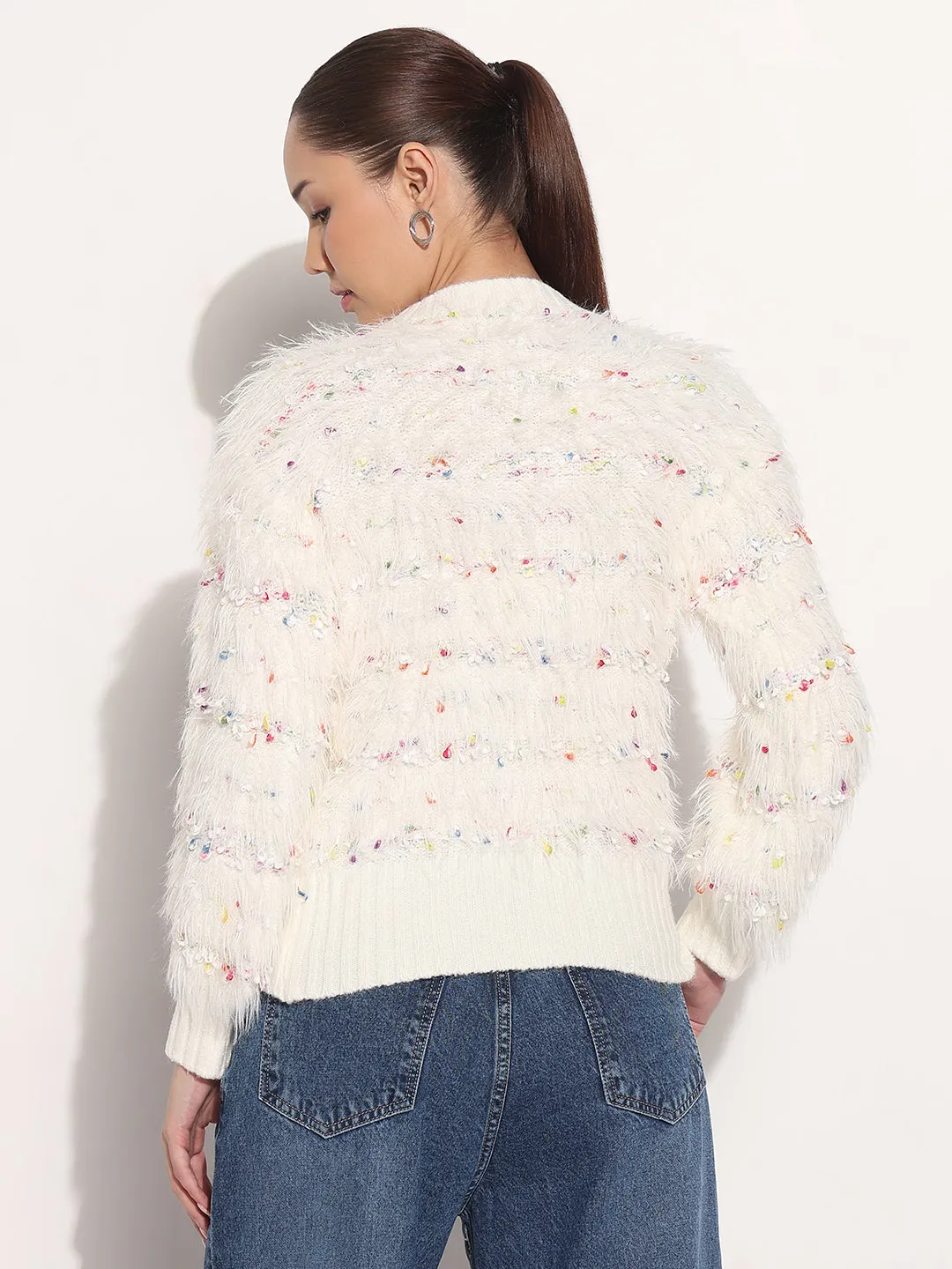 Transitional Layer Chunky Cable Knit Women's Cream Round Neck Knitted Fuzzy Top