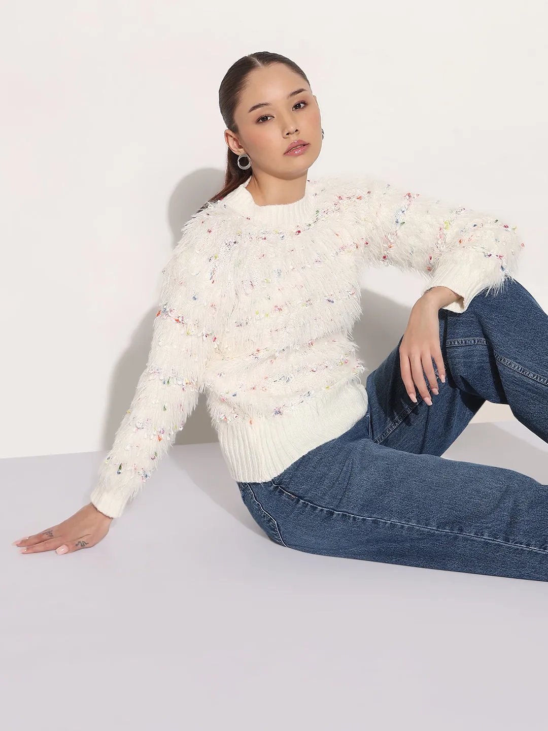 Women's Cream Round Neck Knitted Fuzzy Top Versatile Layer FadeResistant