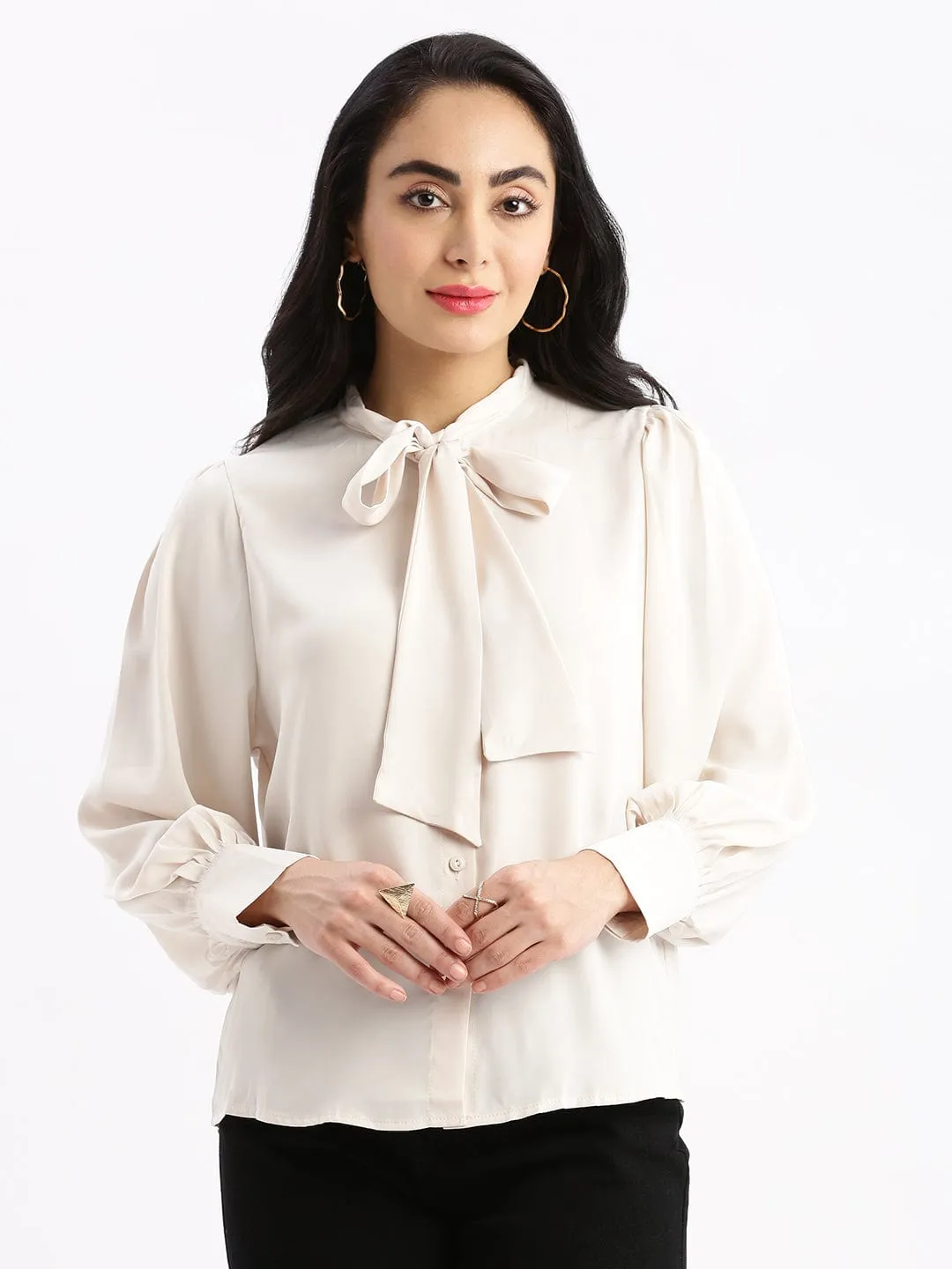 Summer Style Women's Cream Standard Boxy Opaque Casual Shirt