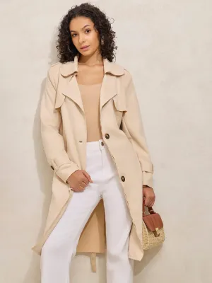 All Season Adaptability Women's Cream Trench Coat with Shoulder Flaps and Belt