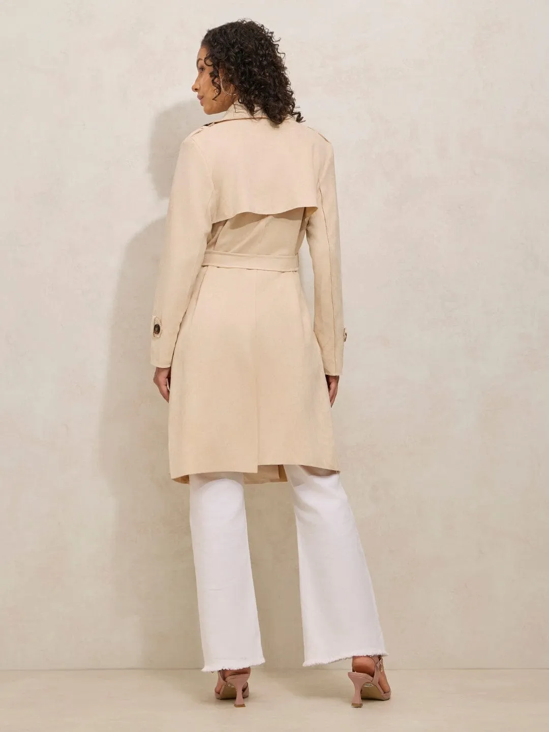 Women's Cream Trench Coat with Shoulder Flaps and Belt Anti Slip Cuffs