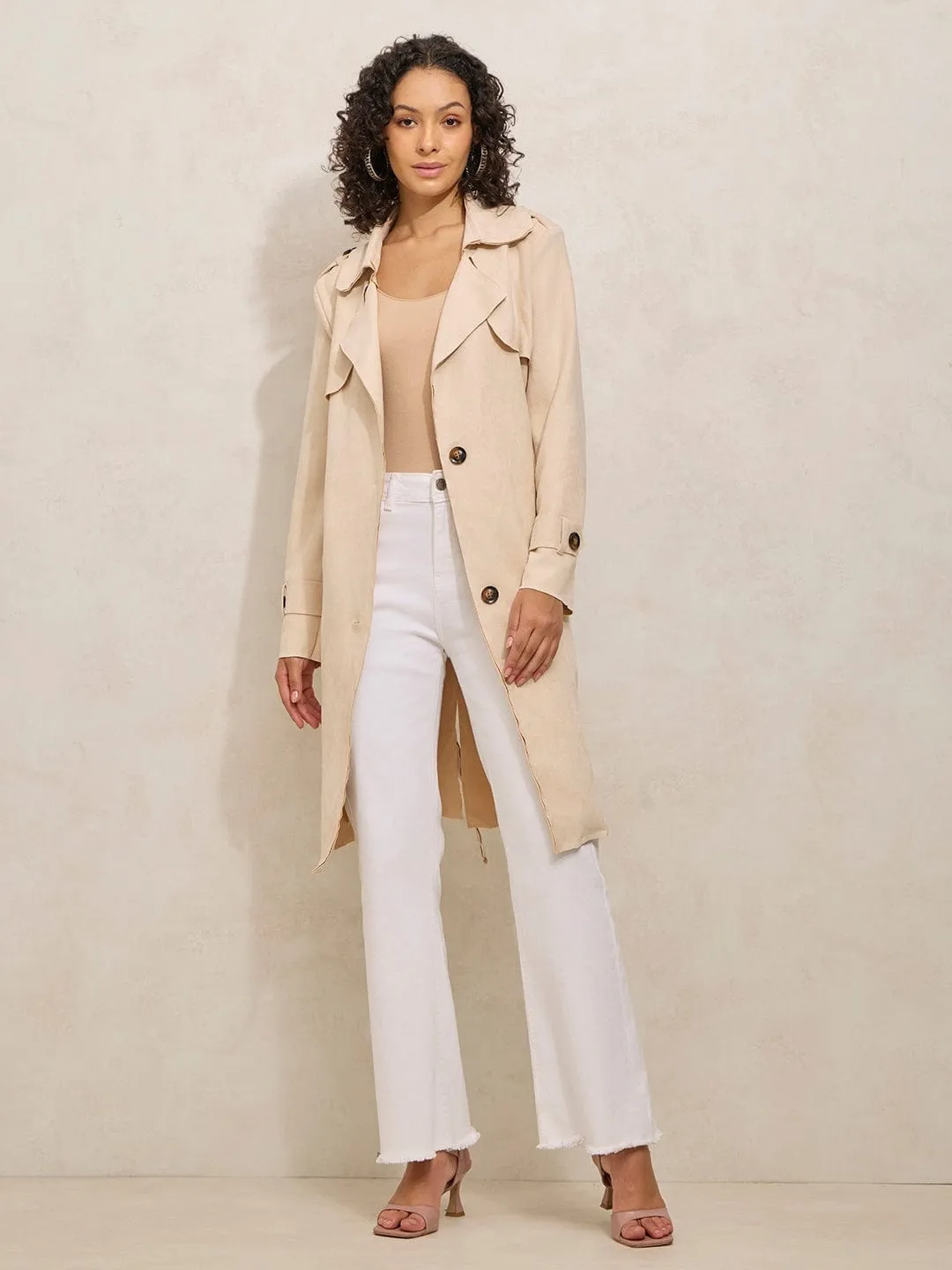 Eco Friendly Coatings Everyday Layers Women's Cream Trench Coat with Shoulder Flaps and Belt