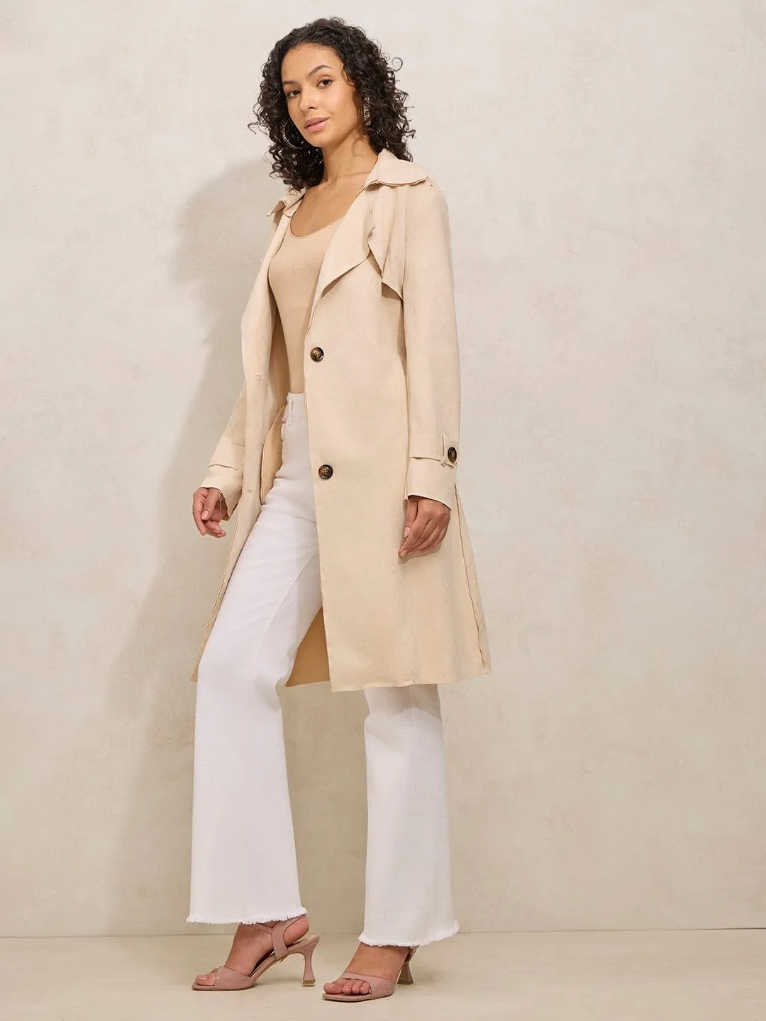 Women's Cream Trench Coat with Shoulder Flaps and Belt Teflon Finish Ventilated Back