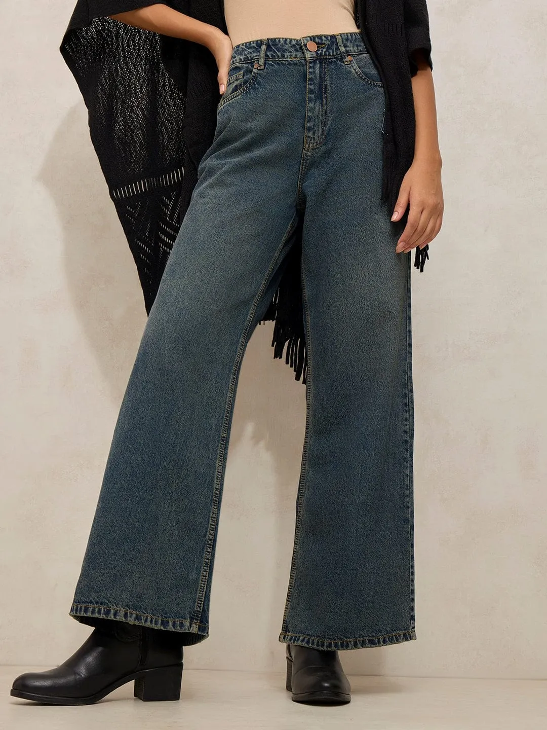 Smart Casual Classic Wear Women's Dark Blue High Rise Wide Leg Jeans