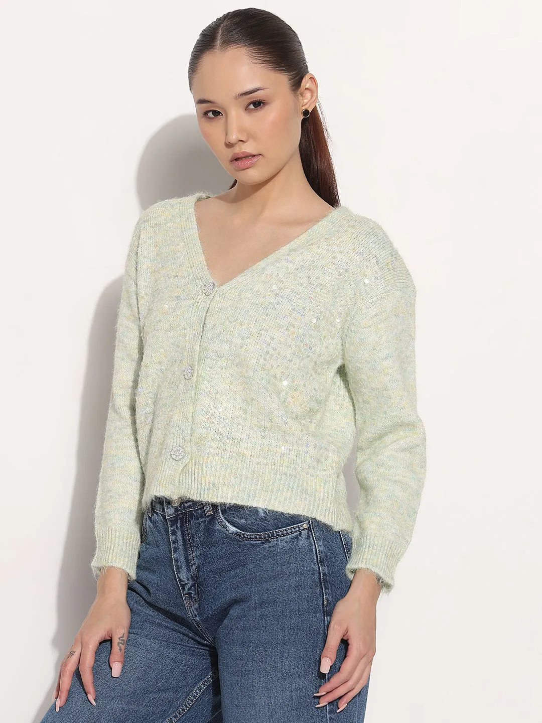 Layered Cable Pattern Women's Embellished Sea Green V-Neck Cardigan