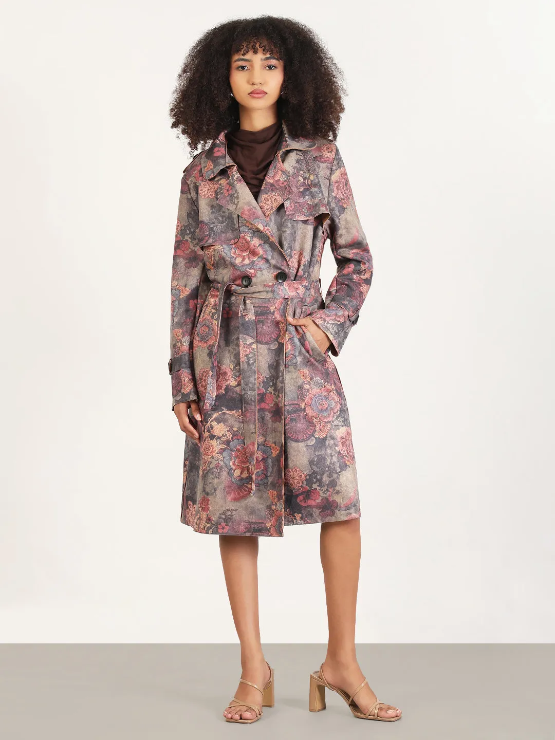 Women's Floral Grey Lapel Collar Longline Trench Coat with Fabric Belt All Purpose Outerwear