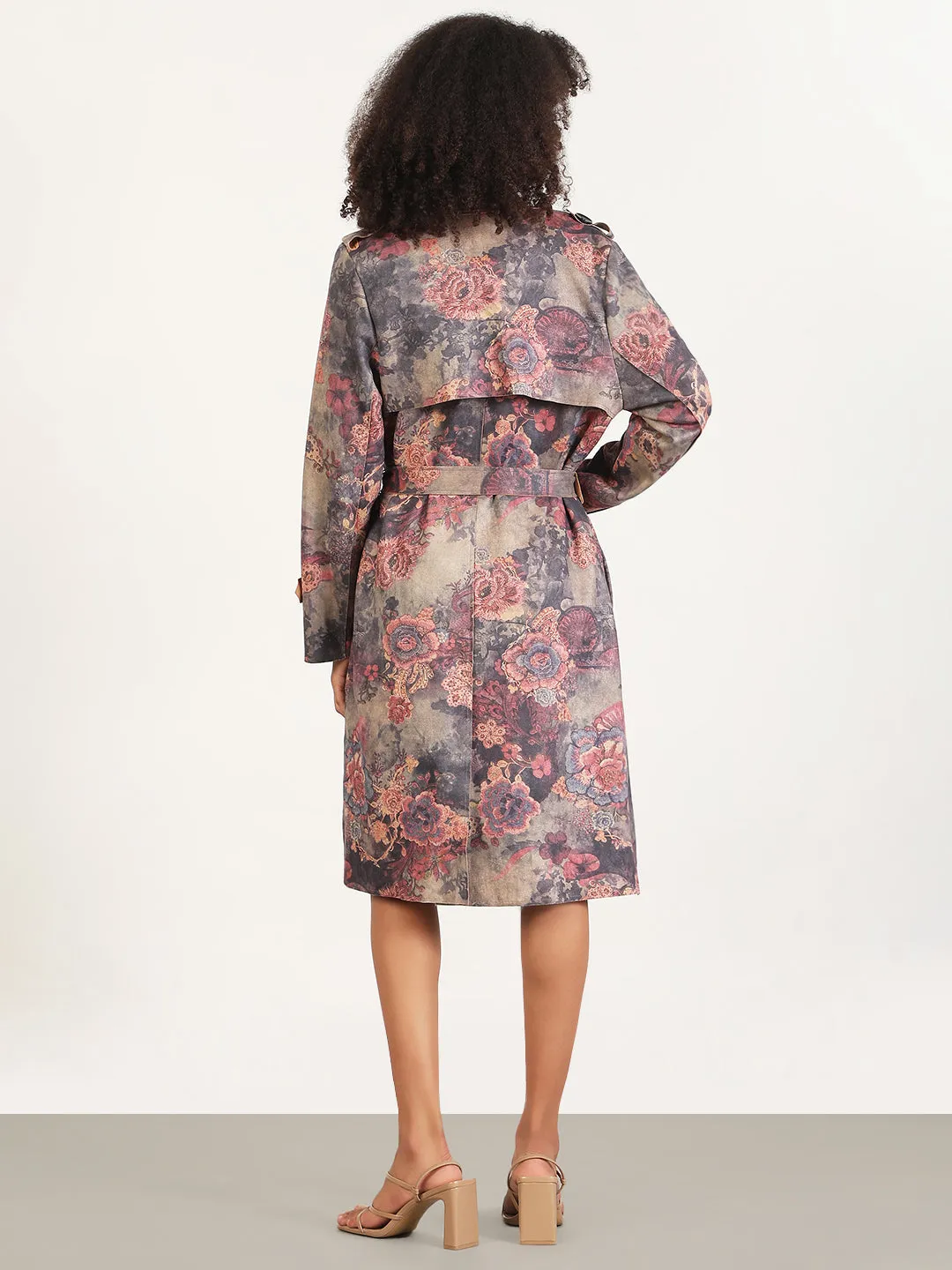 Women's Floral Grey Lapel Collar Longline Trench Coat with Fabric Belt Moisture Wicking Material Autumn Layers