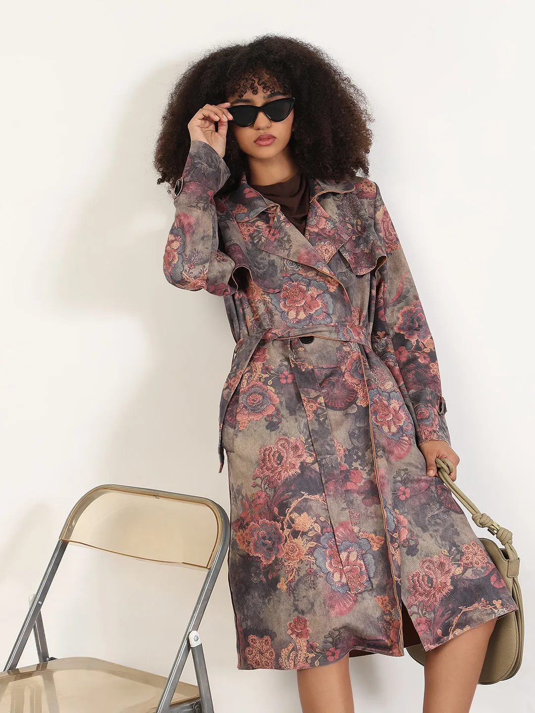 One Color Women's Floral Grey Lapel Collar Longline Trench Coat with Fabric Belt