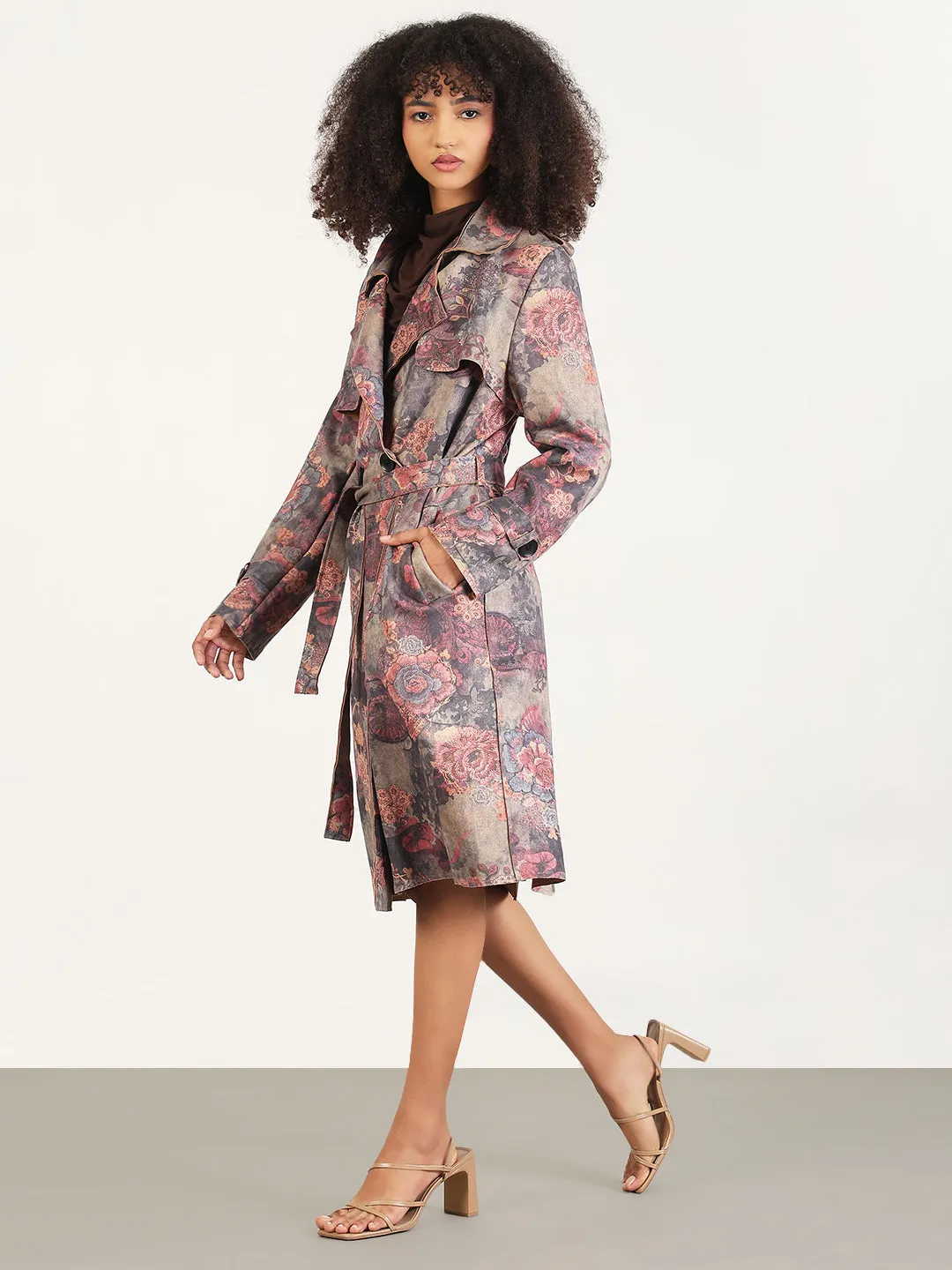 Women's Floral Grey Lapel Collar Longline Trench Coat with Fabric Belt Flexible Knit