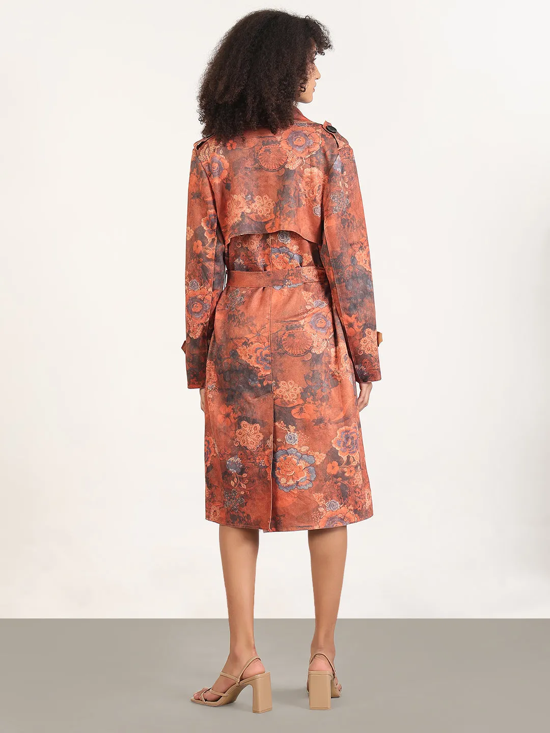 DoubleLayeredCuffs Wrinkle Free Fabric Women's Floral Rust Lapel Collar Longline Trench Coat with Fabric Belt