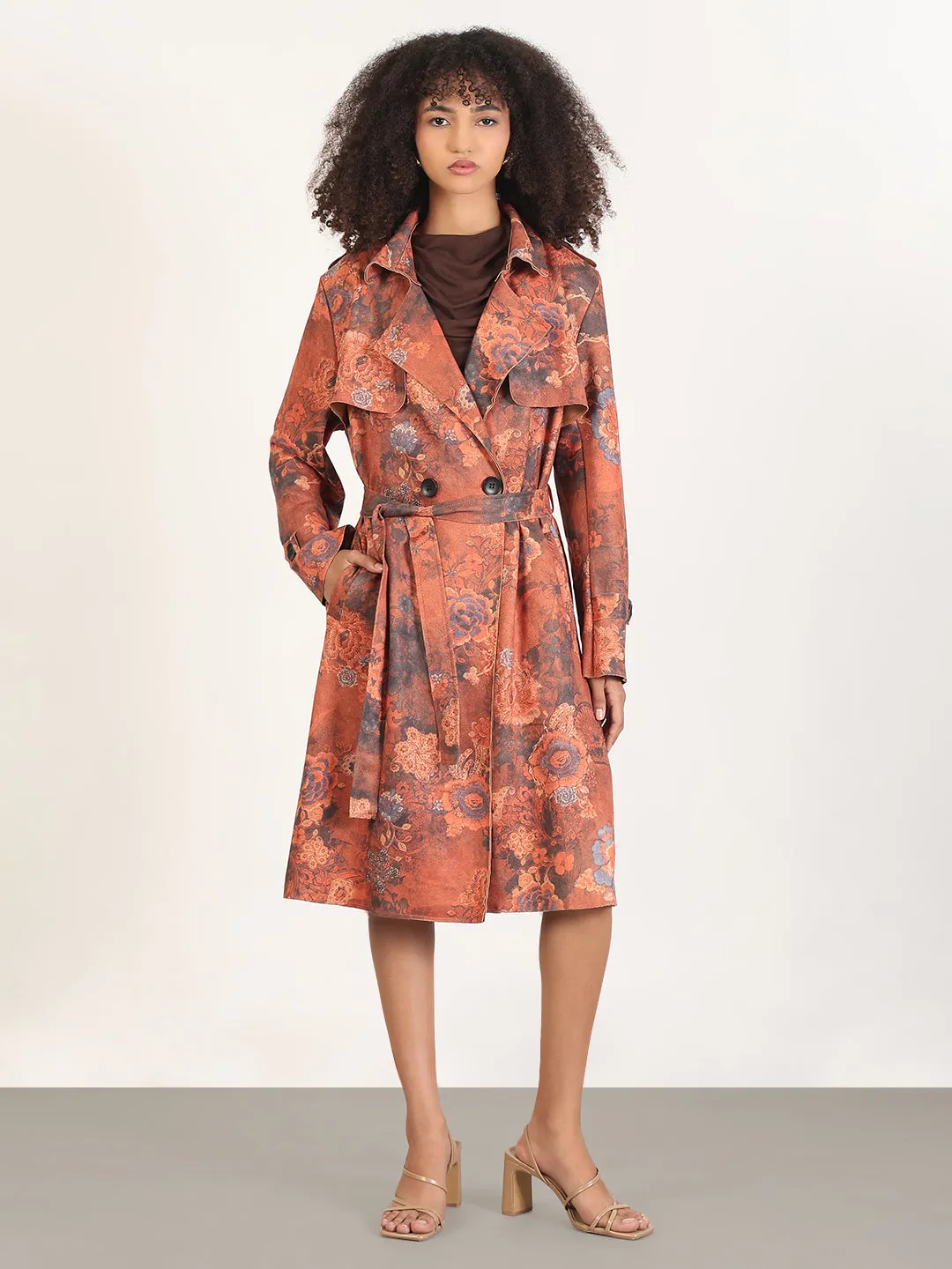 Women's Floral Rust Lapel Collar Longline Trench Coat with Fabric Belt Reinforced Stress Points