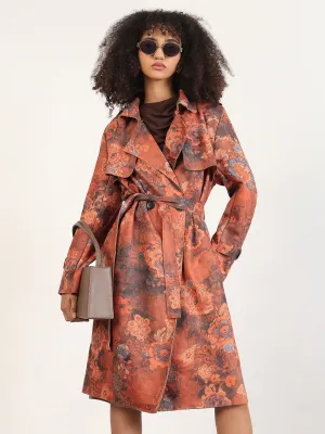 Single Breasted Layered Drape Women's Floral Rust Lapel Collar Longline Trench Coat with Fabric Belt