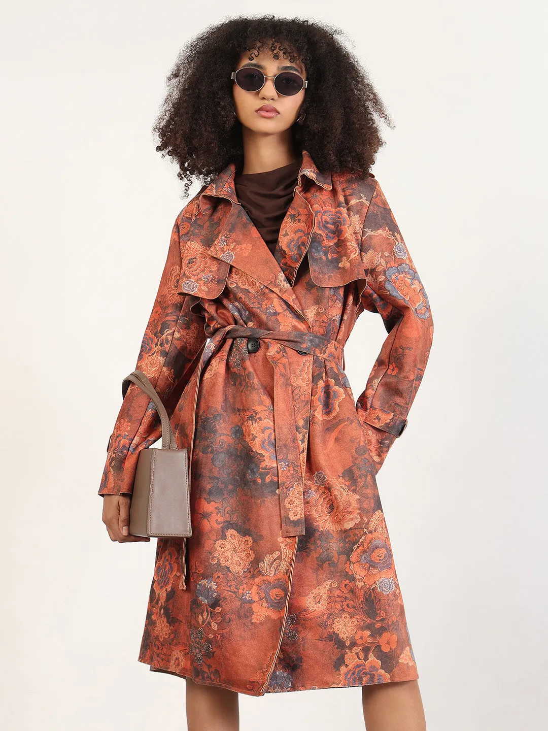 Single Breasted Layered Drape Women's Floral Rust Lapel Collar Longline Trench Coat with Fabric Belt