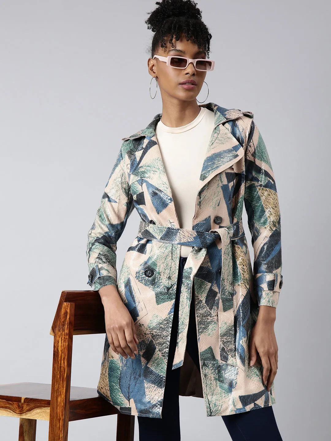 Matte Fabric Women's Green Abstract Printed Longline Trench Coat