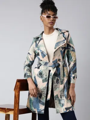 Matte Fabric Women's Green Abstract Printed Longline Trench Coat