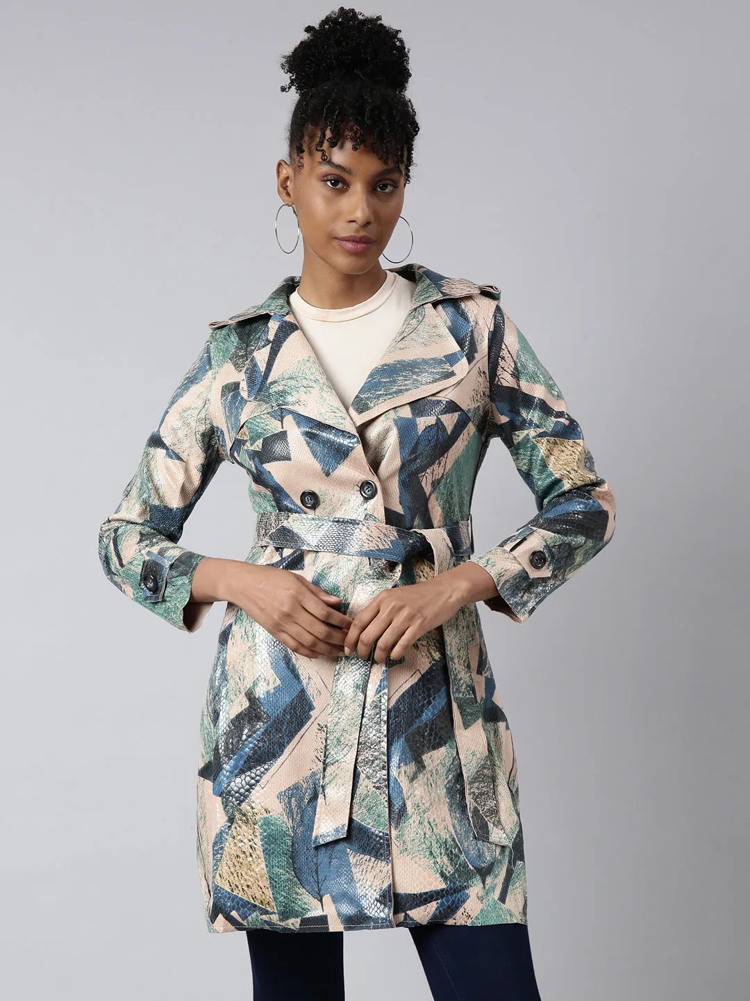 Women's Green Abstract Printed Longline Trench Coat Climate Responsive Textile Statement Outerwear