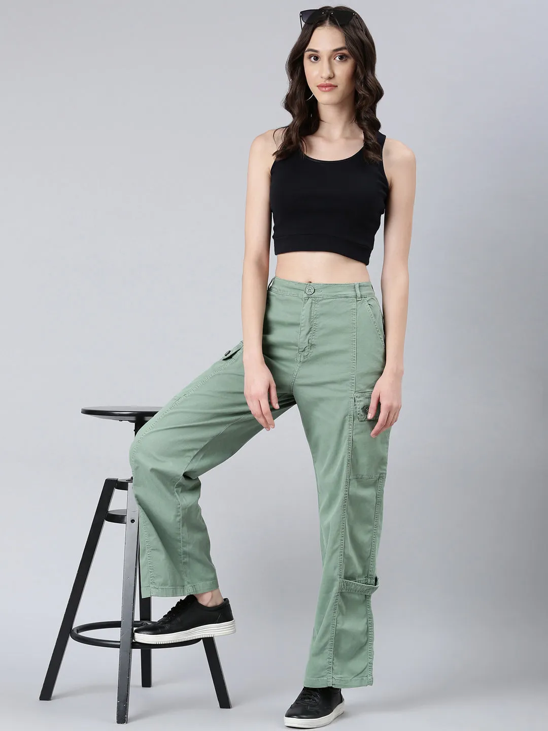 Morning Stroll Sustainable Classic Women's Green Mid Rise Wide Leg Denim Jeans