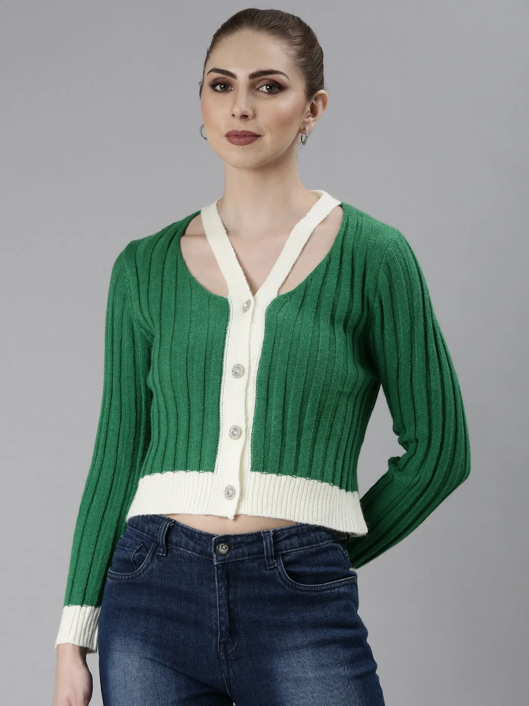 Women's Green Striped Self Design V-Neck Ribbed Cardigan Sustainable Fibers City Casual