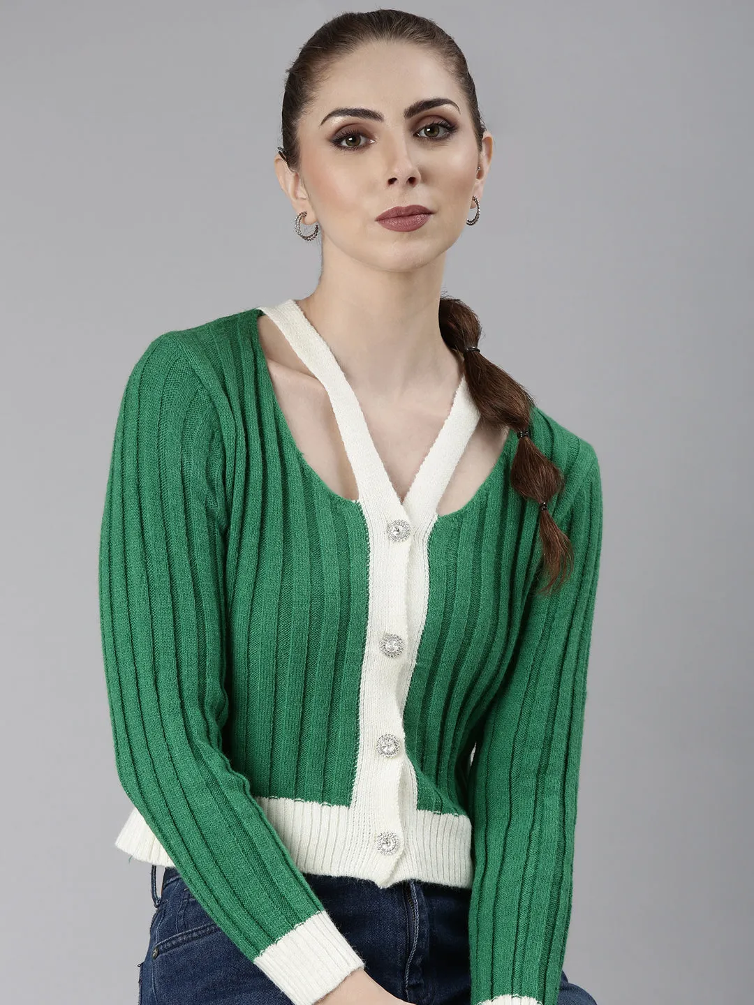 Women's Green Striped Self Design V-Neck Ribbed Cardigan Effortless Style Lightweight Jersey Material