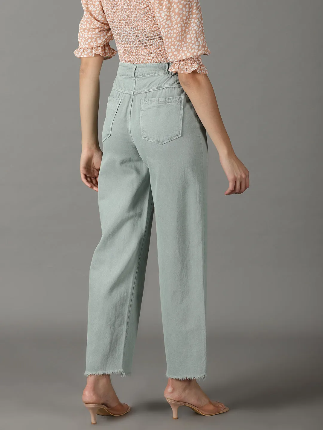 Women's Green Wide Leg High-Rise Cotton Jeans Any Time Wear Minimalist Weekend Getaway Casual