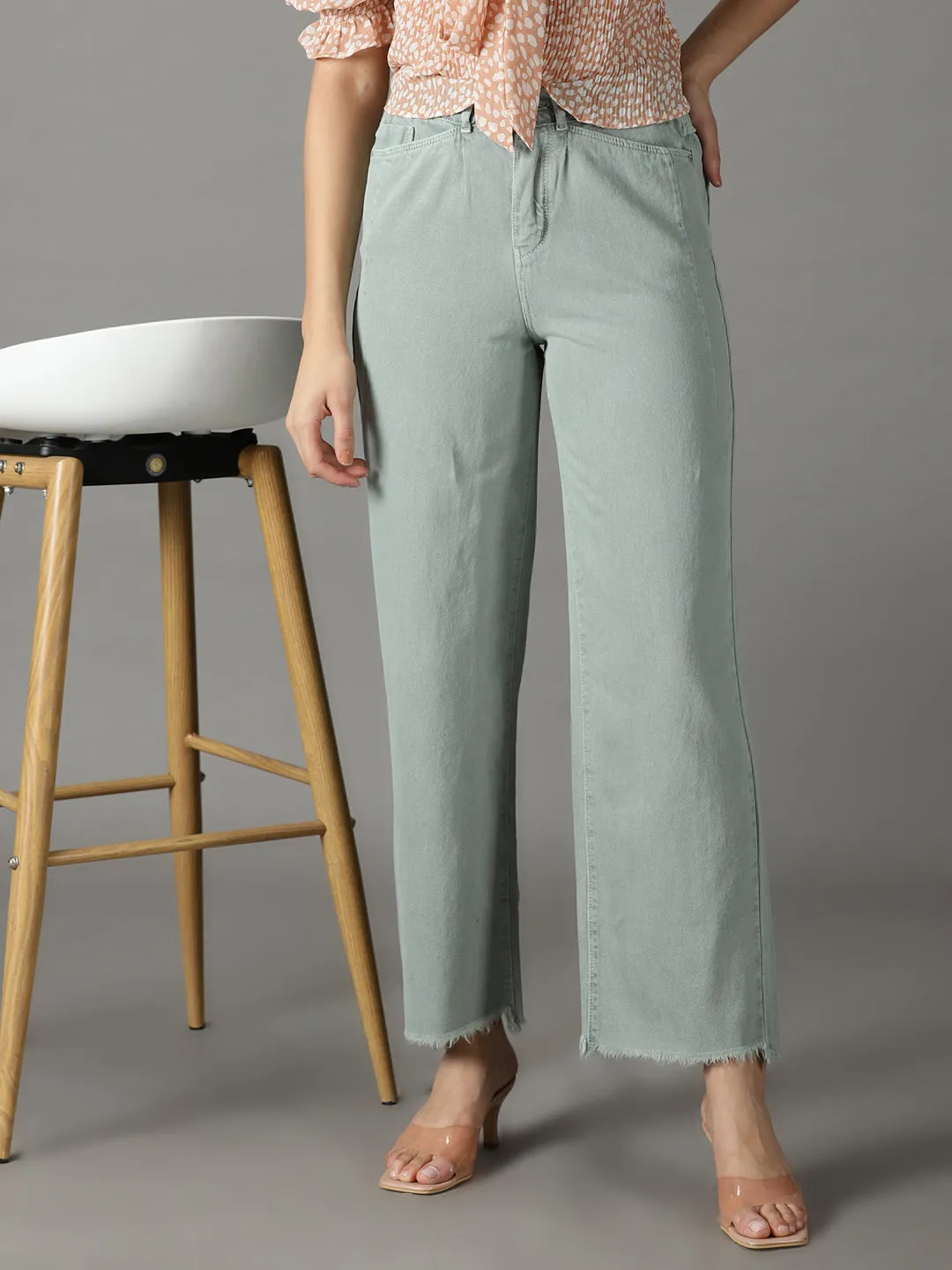 Elegant Vibrant Textured Women's Green Wide Leg High-Rise Cotton Jeans