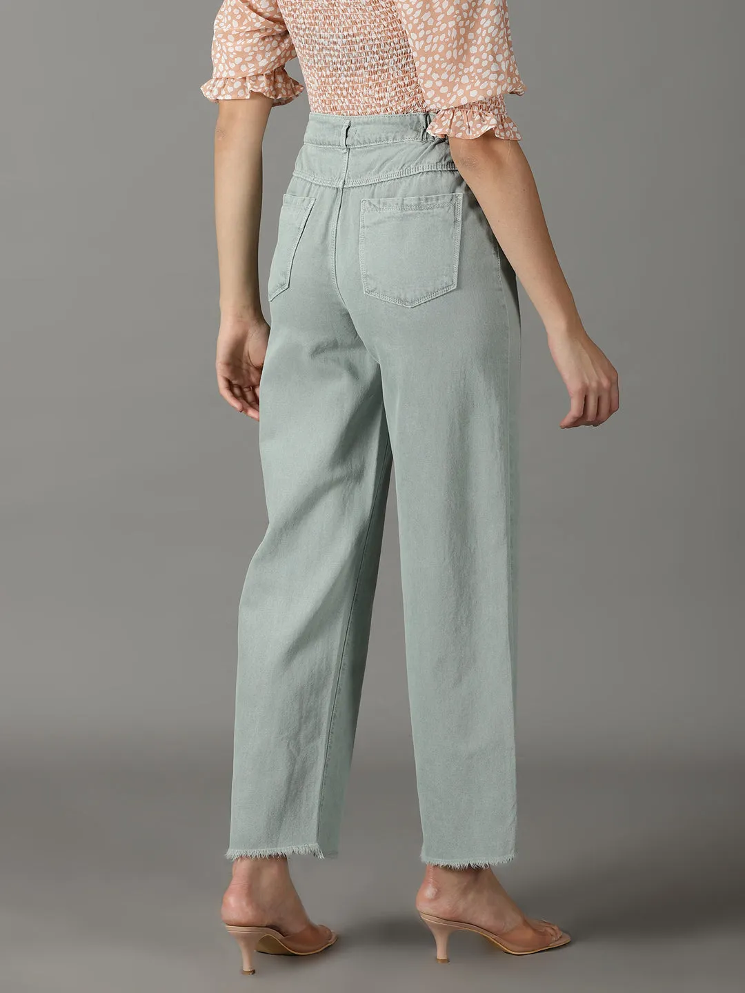 Lockstitch Construction Women's Green Wide Leg High-Rise Cotton Jeans