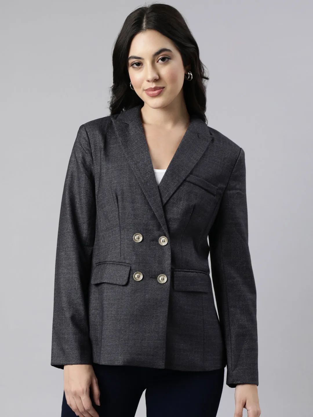 Anti Pilling Fabric Women's Grey Double Breasted Peaked Lapel Blazers