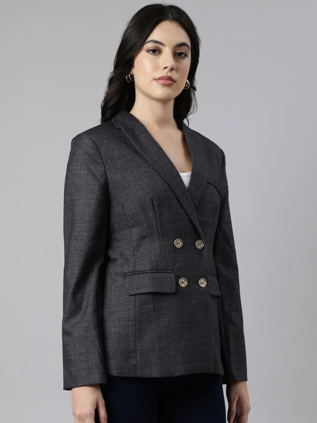 Women's Grey Double Breasted Peaked Lapel Blazers LightweightInsulation Waterproof Stitch Details